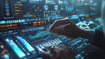 AI generated A confident business leader orchestrates a board meeting surrounded by holographic charts photo