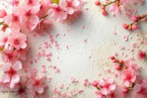 ai generado un elegante arreglo de primavera flores marcos un blanco espacio foto