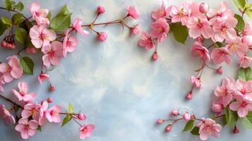 AI generated An elegant arrangement of spring blossoms frames a blank space photo