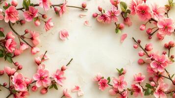 AI generated An elegant arrangement of spring blossoms frames a blank space photo