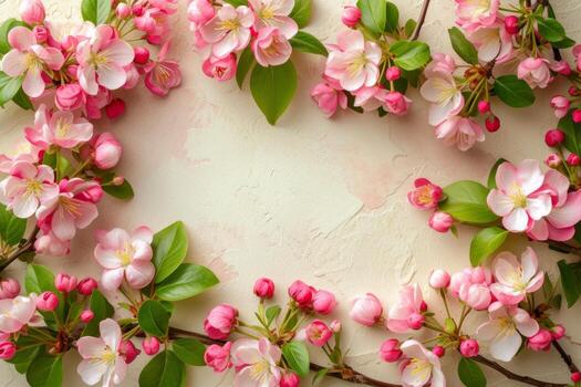 AI generated An elegant arrangement of spring blossoms frames a blank space photo