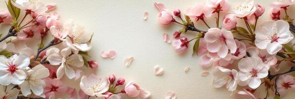 AI generated An elegant arrangement of spring blossoms frames a blank space photo