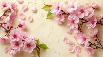 AI generated An elegant arrangement of spring blossoms frames a blank space photo