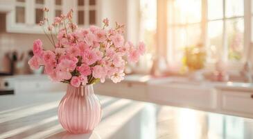 AI generated glass vases with pink flowers sitting on a kitchen island photo