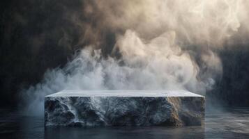 AI generated lack stone podium on a dark background with smoke photo