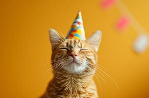 AI generated little cat wearing birthday party hat party photo