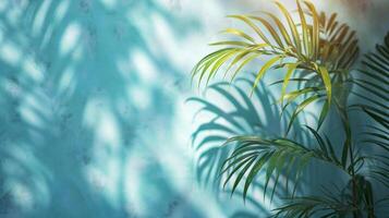 AI generated light blue wall and blurred shadow from palm leaves photo