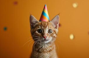 ai generado pequeño gato vistiendo cumpleaños fiesta sombrero fiesta foto