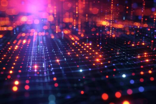 AI generated Intricate neon grids overlay a dark background photo