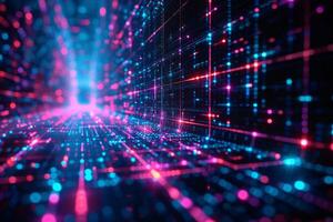 AI generated Intricate neon grids overlay a dark background photo