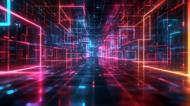 AI generated Intricate neon grids overlay a dark background photo