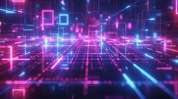 AI generated Intricate neon grids overlay a dark background photo