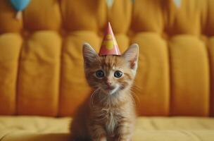 ai generado pequeño gato vistiendo cumpleaños fiesta sombrero fiesta foto