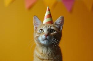 ai generado pequeño gato vistiendo cumpleaños fiesta sombrero fiesta foto