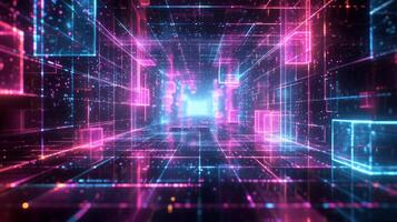 AI generated Intricate neon grids overlay a dark background photo