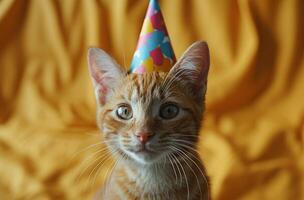 AI generated little cat wearing birthday party hat party photo