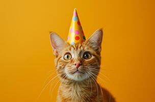 ai generado pequeño gato vistiendo cumpleaños fiesta sombrero fiesta foto