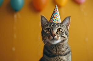 AI generated little cat wearing birthday party hat party photo