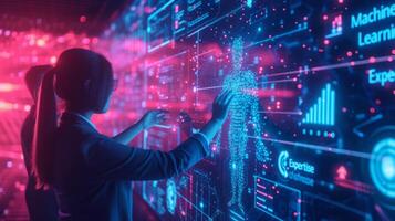 AI generated Business experts engage in a discussion, surrounded by machine learning models and algorithms photo