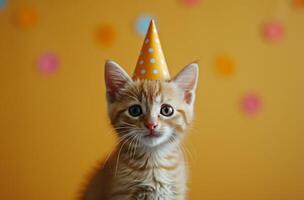 ai generado pequeño gato vistiendo cumpleaños fiesta sombrero fiesta foto