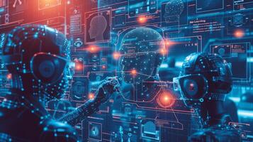 AI generated Business experts engage in a discussion, surrounded by machine learning models and algorithms photo
