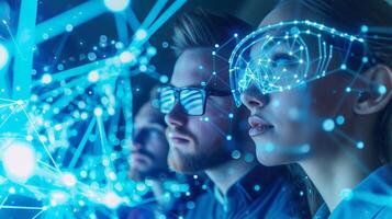 AI generated Business experts engage in a discussion, surrounded by machine learning models and algorithms photo