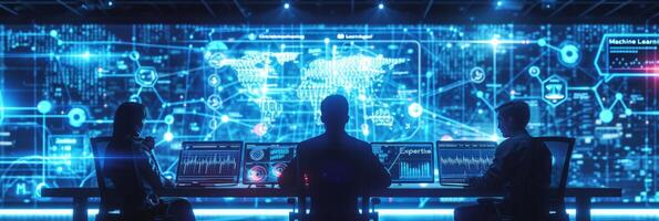 AI generated Business experts engage in a discussion, surrounded by machine learning models and algorithms photo