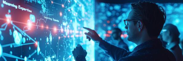AI generated Business experts engage in a discussion, surrounded by machine learning models and algorithms photo