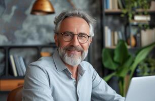 AI generated middle aged guy showing his face with laptop and smiling photo