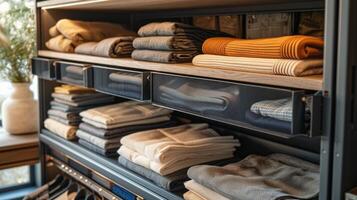 AI generated Organized Closet Storage System with Neatly Folded Items photo