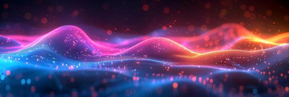 AI generated Neon waves undulate against a dark background photo