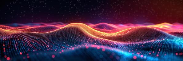 AI generated Neon waves undulate against a dark background photo