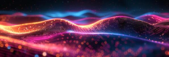 AI generated Neon waves undulate against a dark background photo