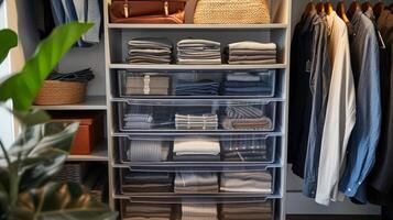 AI generated Organized Closet Storage System with Neatly Folded Items photo