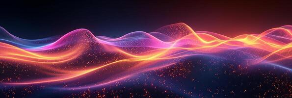 AI generated Neon waves undulate against a dark background photo