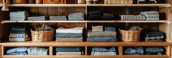 AI generated Organized Closet Storage System with Neatly Folded Items photo