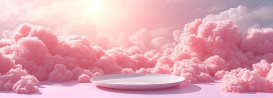 AI generated plate among pink clouds, in the style of minimalist stage designs, rim light, poster, large format lens photo
