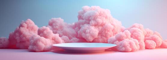 AI generated plate among pink clouds, in the style of minimalist stage designs, rim light, poster, large format lens photo