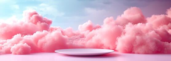 AI generated plate among pink clouds, in the style of minimalist stage designs, rim light, poster, large format lens photo
