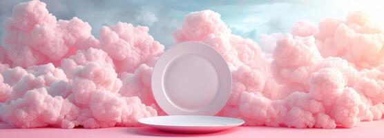 AI generated plate among pink clouds, in the style of minimalist stage designs, rim light, poster, large format lens photo