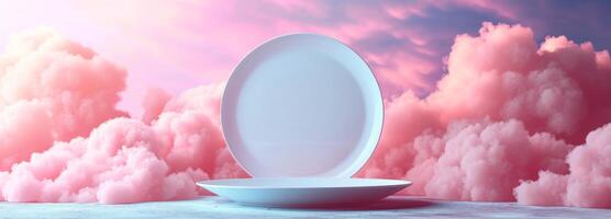 AI generated plate among pink clouds, in the style of minimalist stage designs, rim light, poster, large format lens photo