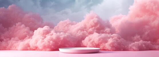 AI generated plate among pink clouds, in the style of minimalist stage designs, rim light, poster, large format lens photo