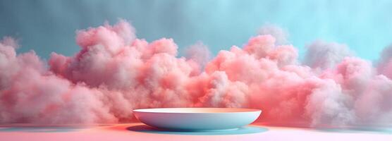 AI generated plate among pink clouds, in the style of minimalist stage designs, rim light, poster, large format lens photo