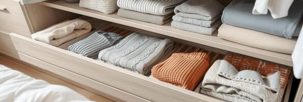 AI generated Organized Closet Storage System with Neatly Folded Items photo