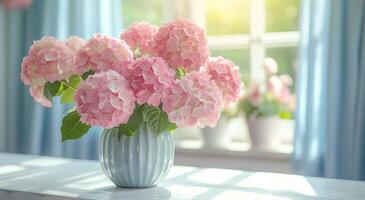 AI generated pretty pink hydrangeas on kitchen counter with blueandwhite curtains photo