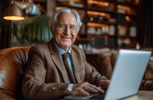 AI generated senior businessman smiling on laptop, in the style of unique and one-of-a-kind pieces photo