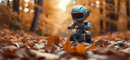 AI generated robot on bike sitting in the forest with fall leaves photo