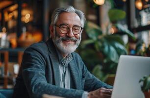 AI generated senior businessman smiling on laptop, in the style of unique and one-of-a-kind pieces photo