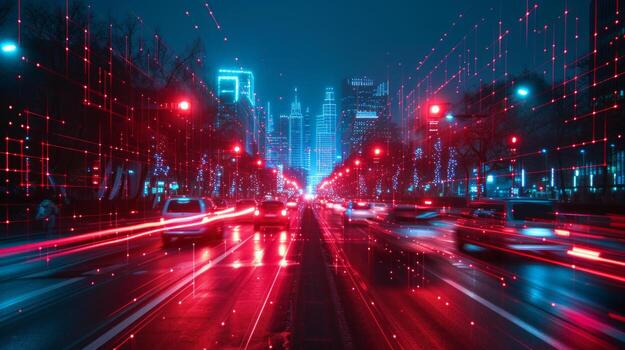 AI generated Artificial Intelligence Takes Control In the darkness, red and blue lines illuminate the city photo