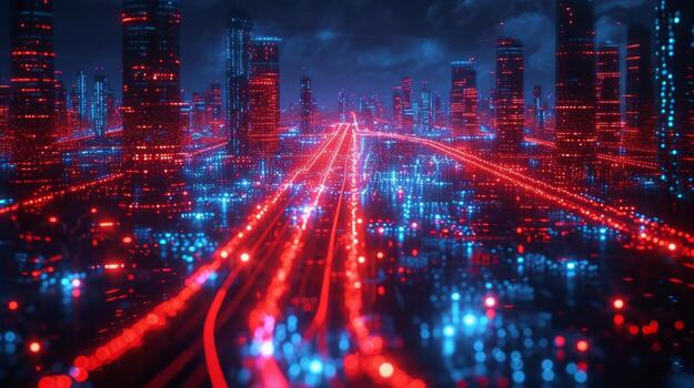 AI generated Artificial Intelligence Takes Control In the darkness, red and blue lines illuminate the city photo